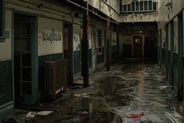 A dimly lit, abandoned corridor with wet floors and peeling walls, evoking a sense of decay and neglect in a forgotten building.