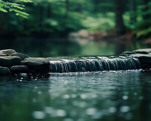 Canvas Print - Serene waterfall cascading over rocks into a calm pond, lush green foliage background.