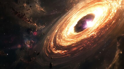 Wall Mural - A cosmic scene of a supermassive black hole surrounded by swirling matter and energy, creating a dramatic and colorful display