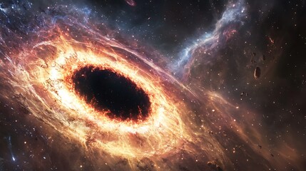 Wall Mural - A cosmic scene of a supermassive black hole surrounded by swirling matter and energy, creating a dramatic and colorful display