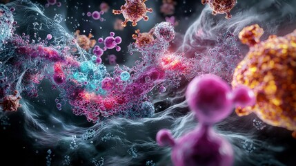Fototapete - 3d visualization of surreal glowing cells and molecules in an abstract digital laboratory scientific environment