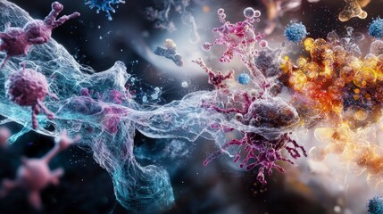 Leinwandbilder - Surreal molecular interaction abstract laboratory digital art science close-up glowing cells and molecules