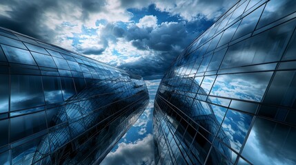 Aufkleber - Dynamic reflections of modern architecture urban landscape digital art cloudy skies low angle warped surfaces concept