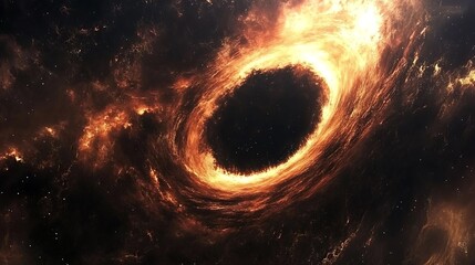 A close-up view of a supermassive black hole's event horizon, with light bending around it creating a dramatic and intense image
