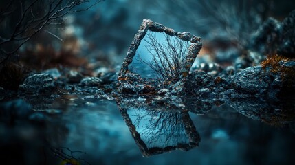 Poster - Dynamic asymmetrical design reflective frame in tranquil nature landscape serene and balanced environment