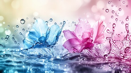 Aufkleber - Gentle movement of water droplets and soft colored flowers nature abstract art serene atmosphere close-up perspective