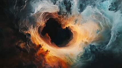 Wall Mural - A supermassive black hole surrounded by swirling clouds of gas and dust, creating a colorful and dynamic cosmic environment