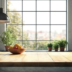 Wall Mural - Empty wooden table with fruits on the table in front of the window