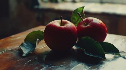 Wall Mural - Two Red Apples on Wooden Table