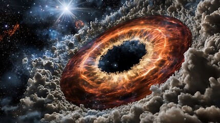 a 3d cosmic scene featuring a black hole surrounded by clouds and stars, illustrating the vastness o