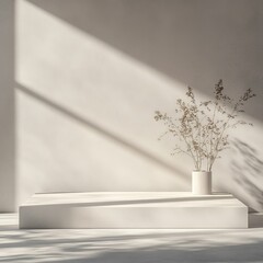 Wall Mural - 3d render of white podium with shadow from the window on the wall