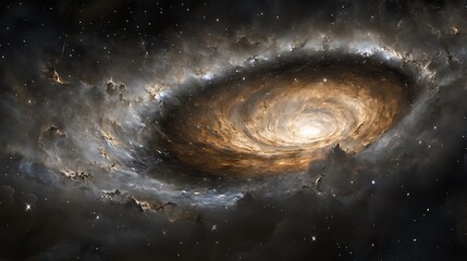 Wall Mural - A black hole rendered in 3D, with swirling clouds and stars forming a visually stunning cosmic environment
