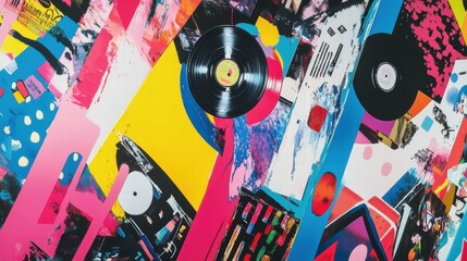 Fototapete - Colorful abstract mural featuring vinyl records and vibrant patterns in a modern urban setting. Generative AI
