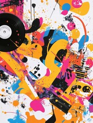 Poster - Vibrant artwork featuring a vinyl record and colorful abstract shapes with musical elements in a dynamic composition. Generative AI