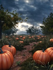 Wall Mural - Pumpkin field at sunset