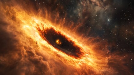 Wall Mural - A visually captivating 3D depiction of a black hole, with vibrant clouds and stars creating a breathtaking cosmic environment