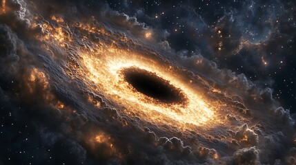 Wall Mural - A visually captivating 3D depiction of a black hole, with vibrant clouds and stars creating a breathtaking cosmic environment