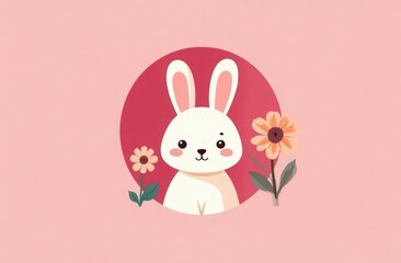 Seamless pattern with bunny rabbit cartoon in the hole and cute flower on pink background