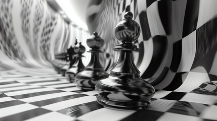 Wall Mural - black and white chess pieces on a chessboard with a blurred background. the focus is on the black pa