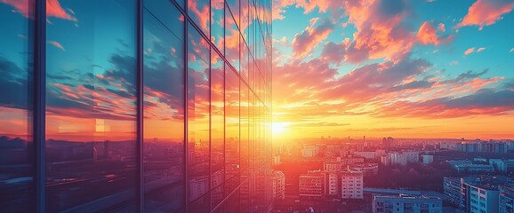 Wall Mural - Vibrant sunset reflected in modern skyscraper windows overlooking cityscape.