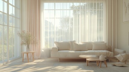 A living room with a white couch and a white table