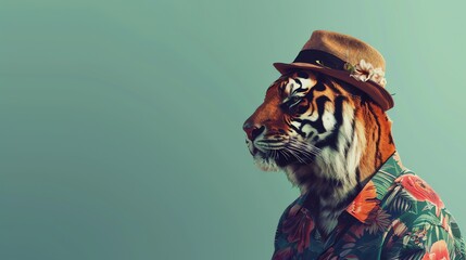 This is an image of a tiger wearing a straw hat and a floral shirt. The tiger is looking to the left of the frame.