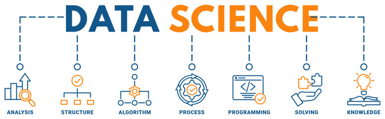 Banner of data science web vector illustration concept with icons of analysis, structure, algorithm, process, programming, solving, knowledge	
