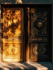 Leinwandbilder - Intricate double doors with ornate designs illuminated by soft afternoon sunlight amidst shadows. Generative AI