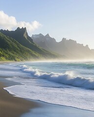 Wall Mural - Majestic Coastal Landscape with Rugged Mountains and Crashing Waves