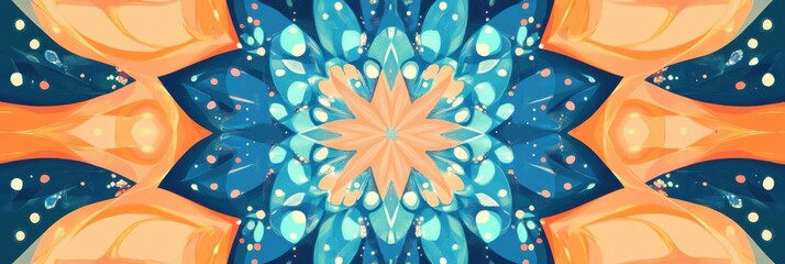 Fototapete - Colorful abstract geometric pattern with blue, orange, and cream tones forming a symmetrical design. Generative AI