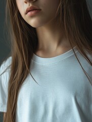 Wall Mural - Woman with long hair wearing white shirt