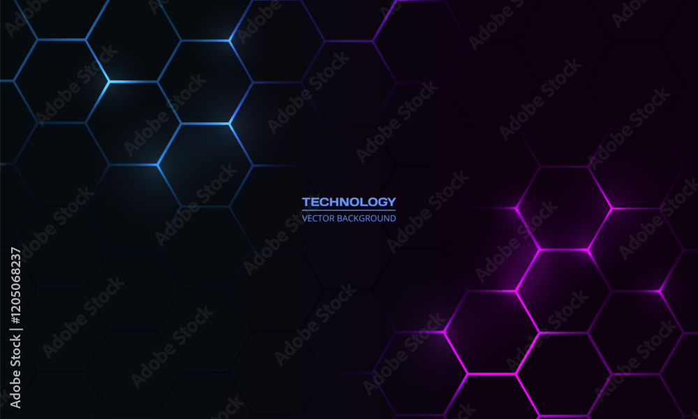 Dark hexagon abstract technology background with blue and pink colored ...