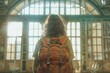 © tiena - Young woman with Backpack in Train Station, back view. AI generative
