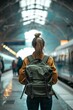 © tiena - Young woman with Backpack in Train Station, back view. AI generative