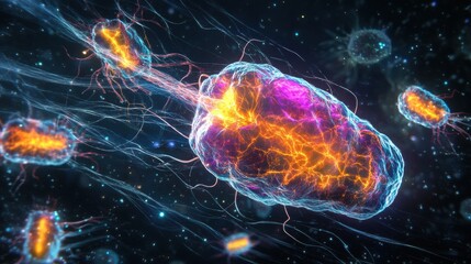 Leinwandbilder - Colorful visualization of bacteria under a microscope showcasing cell structure and movement in a vivid scientific representation. Generative AI