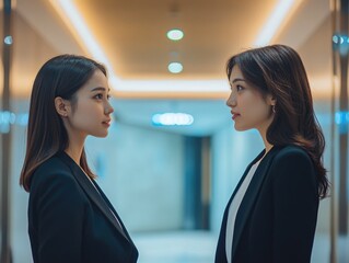 Wall Mural - Two women facing each other in hallway