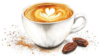 Wall Mural - Watercolor illustration of a cup of cappuccino with latte art and dates.