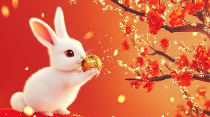 Wall Mural - A cute white rabbit holds a golden ball, surrounded by vibrant red blossoms, creating a festive and enchanting atmosphere.