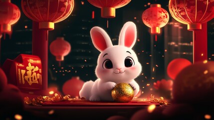 Wall Mural - A cute cartoon rabbit sits amidst festive decorations, surrounded by lanterns, celebrating a joyful occasion.