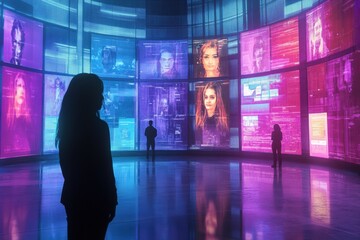 Aufkleber - People interacting with digital displays in a futuristic environment filled with abstract visuals and holographic images. Generative AI