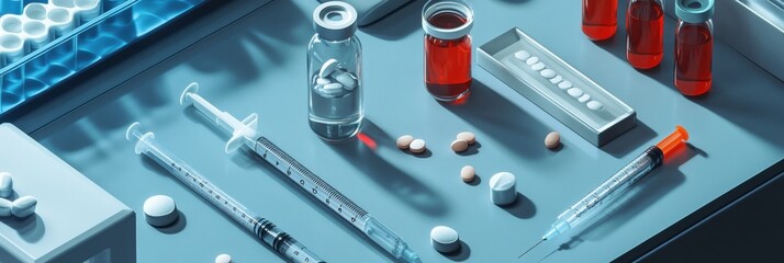 Poster - Medical equipment and pharmaceutical supplies arranged on a laboratory table in a clinical setting. Generative AI