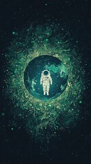 Wall Mural - astronaut floating within a green cosmic orb