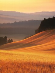Leinwandbilder - Vibrant golden fields under a warm sunset sky in a tranquil countryside landscape. Generative AI