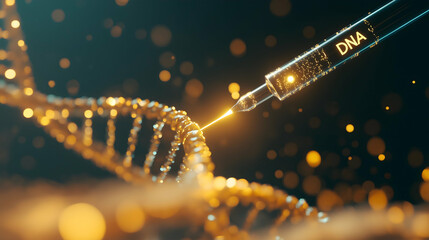 a futuristic representation of dna manipulation, showcasing a syringe injecting data into a golden d