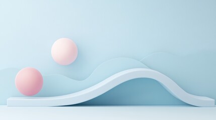 Wall Mural - Abstract pastel blue background with pink spheres and wave