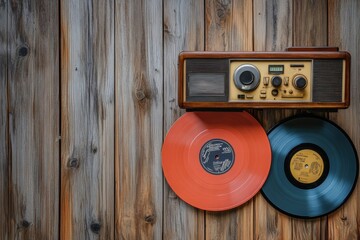 Aufkleber - Vintage radio with vinyl records resting on rustic wooden background in cozy setting during afternoon. Generative AI