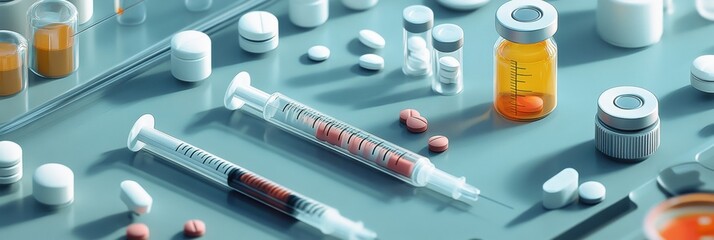 Poster - Various medical supplies and medications arranged on a table in a clinical environment for health related activities. Generative AI