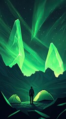 Wall Mural - lone hiker camps beneath glowing green celestial crystals