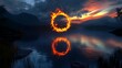 © Thirakun - A fiery ring floating above a serene lake at twilight, with the flames reflecting on the water