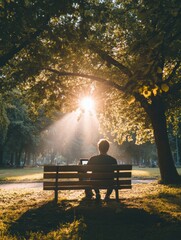 Aufkleber - Person enjoying tranquil moment on park bench while using tablet in warm afternoon light surrounded by trees. Generative AI